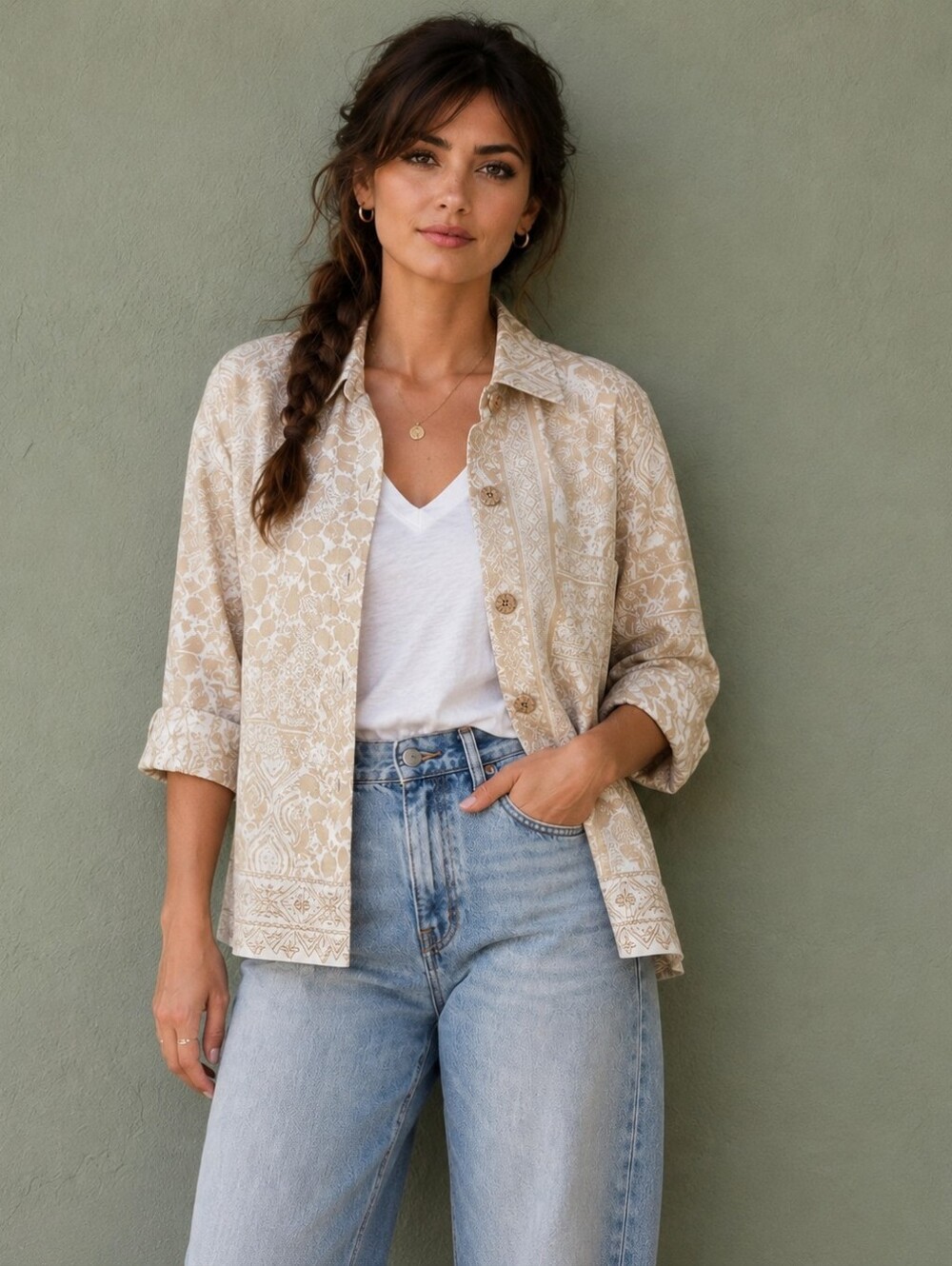 Drapers & Damons Tan/Cream Printed Button Front Jacket - Size 12P